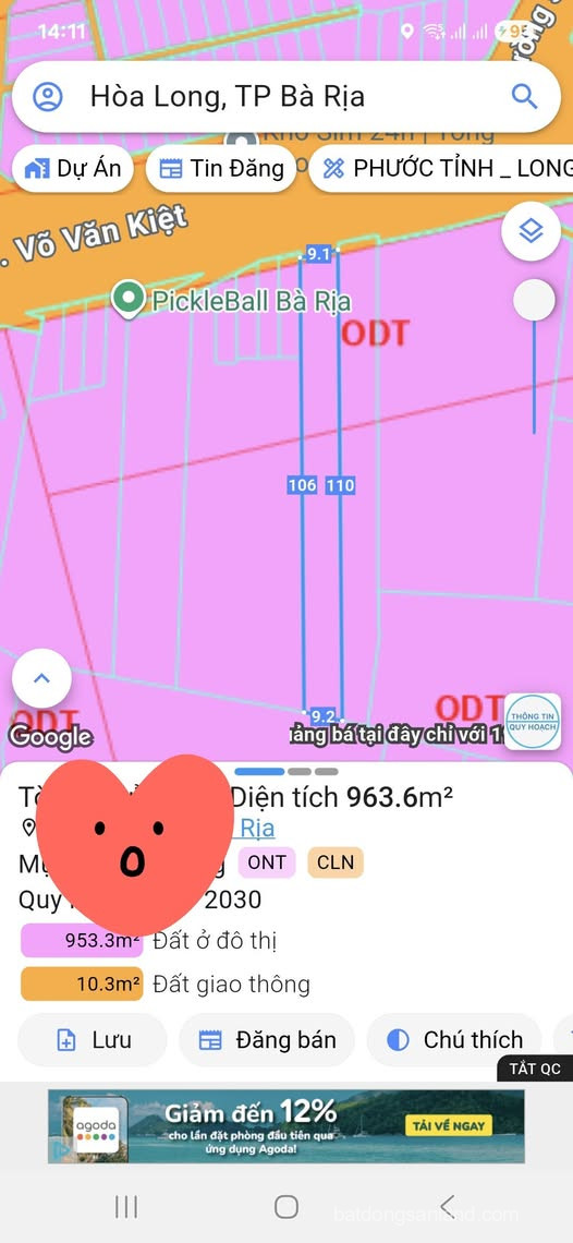 Chủ gửi bán lô đất (963,6m²) mặt tiền đường Võ Văn Kiệt sát bên(Lan Anh 1).